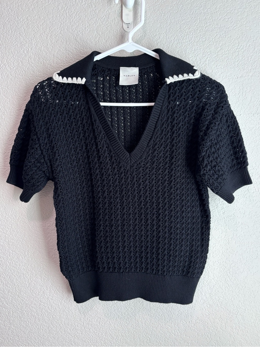Varley Monte V-Neck Knit Polo Cotton True Knit Black White Women’s Size XS